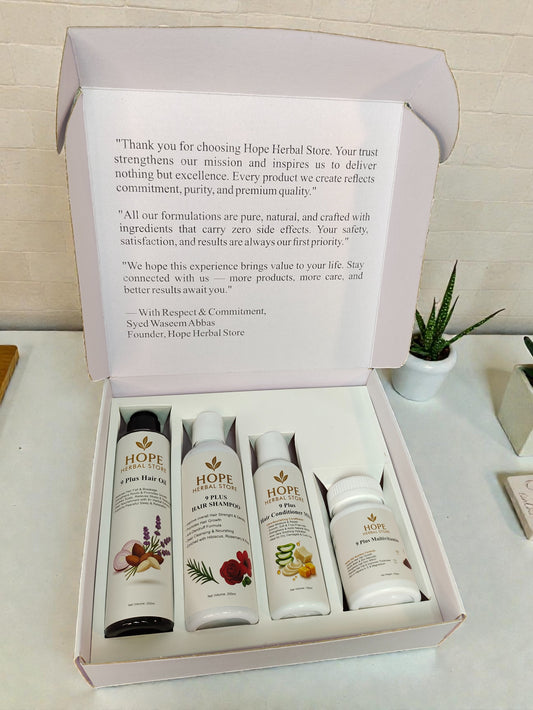 Nine Plus Complete Hair Care Kit – Herbal Oil, Shampoo, Conditioner & Multivitamins
